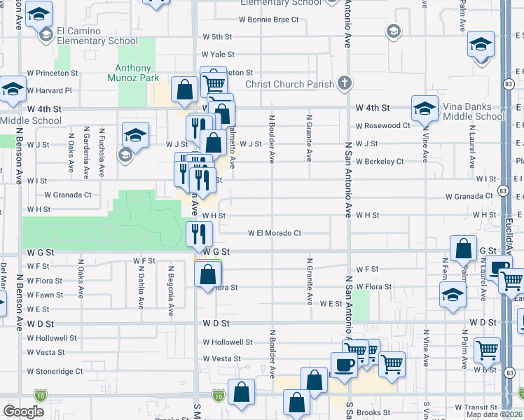 map of restaurants, bars, coffee shops, grocery stores, and more near 918 West H Street in Ontario