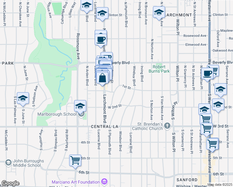 map of restaurants, bars, coffee shops, grocery stores, and more near 139 South Plymouth Boulevard in Los Angeles