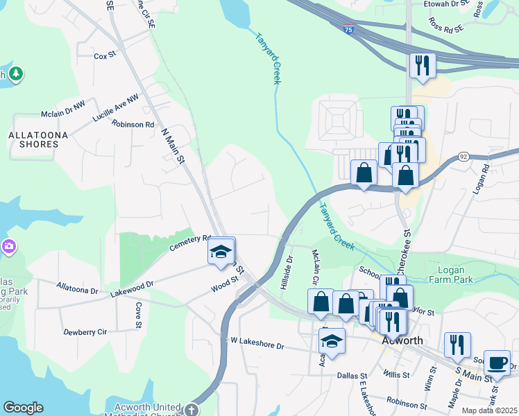 map of restaurants, bars, coffee shops, grocery stores, and more near 4664 Emerald Willow Drive in Acworth