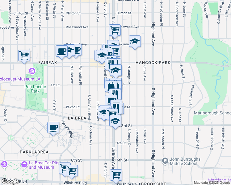 map of restaurants, bars, coffee shops, grocery stores, and more near 126 South La Brea Avenue in Los Angeles