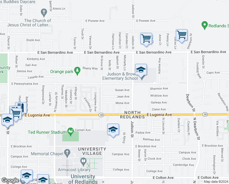 map of restaurants, bars, coffee shops, grocery stores, and more near 1325 Jean Avenue in Redlands