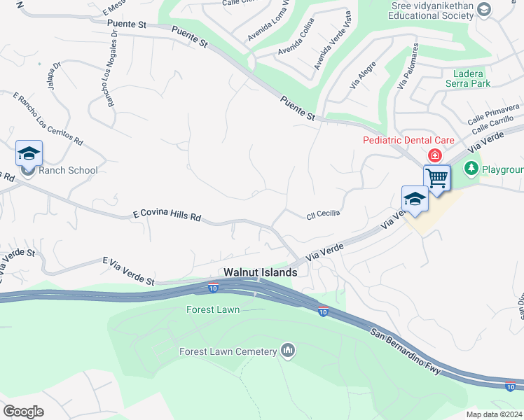 map of restaurants, bars, coffee shops, grocery stores, and more near 1514 Calle Cristina in San Dimas