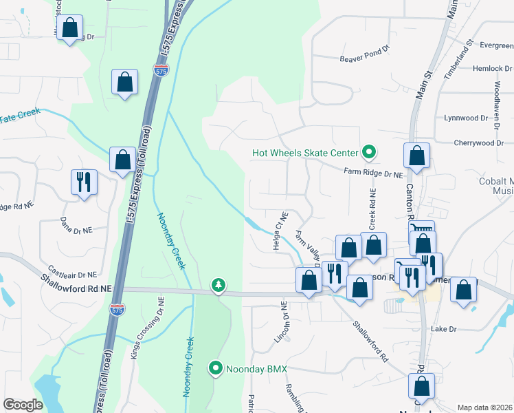 map of restaurants, bars, coffee shops, grocery stores, and more near 724 Jamie Way Northeast in Woodstock