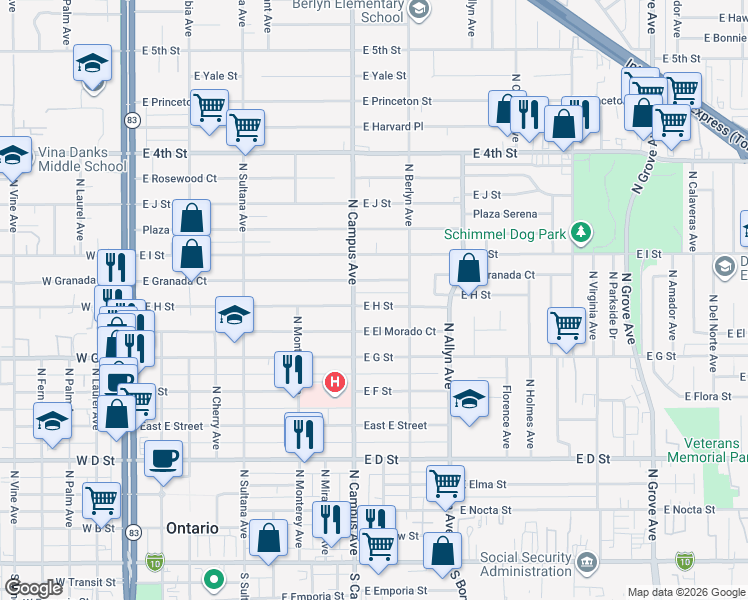 map of restaurants, bars, coffee shops, grocery stores, and more near 723 East H Street in Ontario