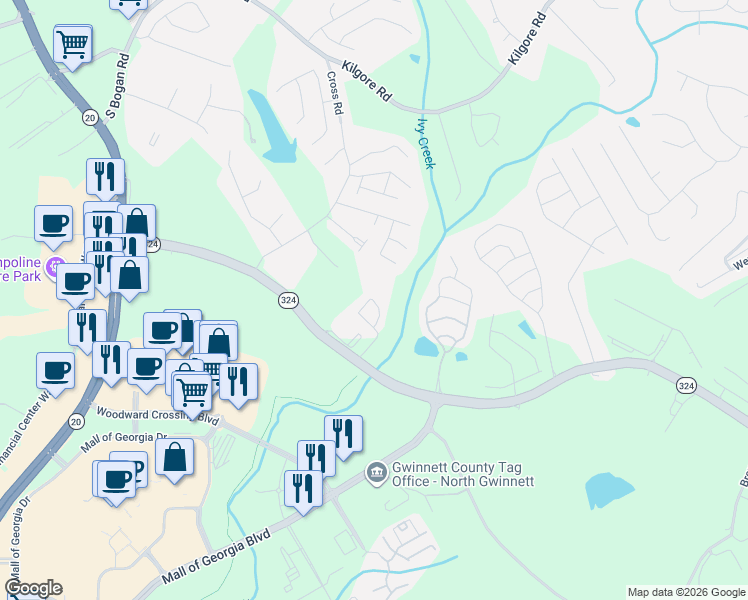 map of restaurants, bars, coffee shops, grocery stores, and more near 3263 Mill Springs Circle Northeast in Buford
