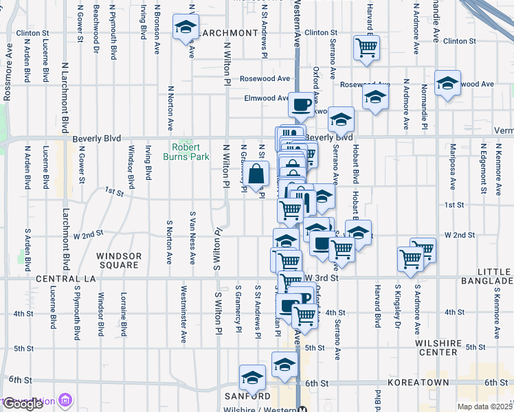 map of restaurants, bars, coffee shops, grocery stores, and more near 109 South Saint Andrews Place in Los Angeles