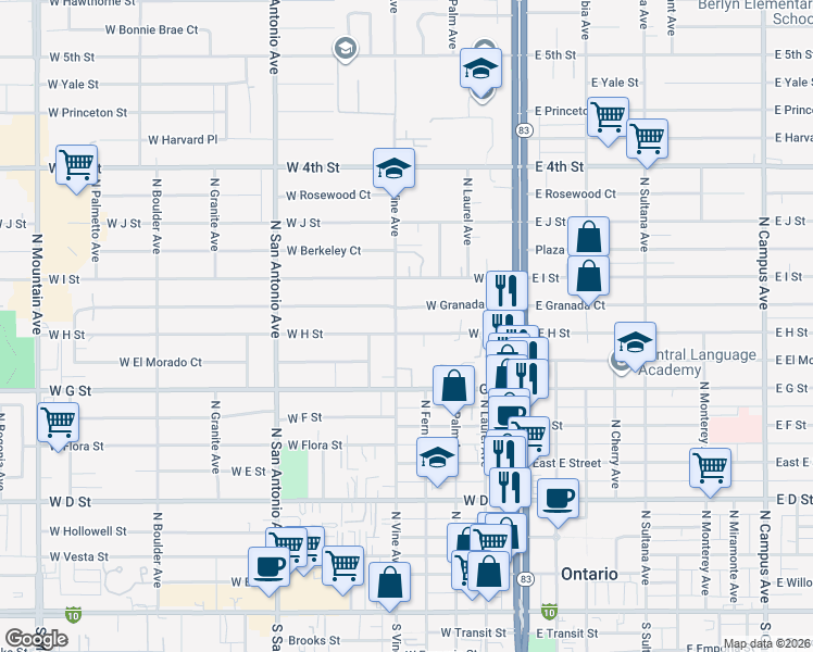 map of restaurants, bars, coffee shops, grocery stores, and more near 420 West H Street in Ontario