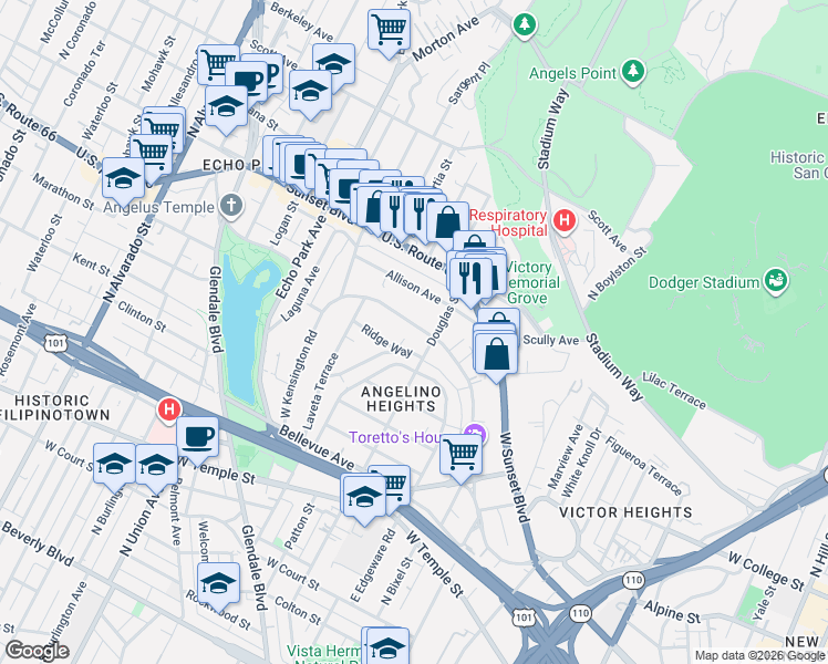 map of restaurants, bars, coffee shops, grocery stores, and more near 895 West Kensington Road in Los Angeles