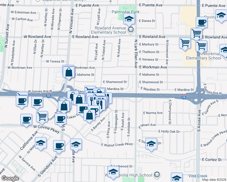 map of restaurants, bars, coffee shops, grocery stores, and more near 1302 East Mardina Street in West Covina