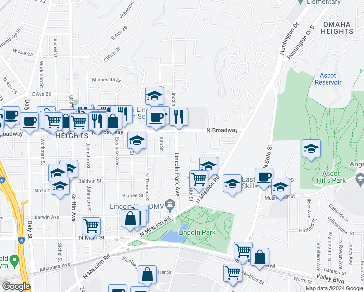 map of restaurants, bars, coffee shops, grocery stores, and more near 2322 Lincoln Park Avenue in Los Angeles