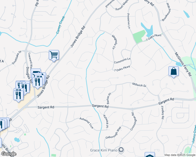 map of restaurants, bars, coffee shops, grocery stores, and more near 395 Overhill Bend in Alpharetta