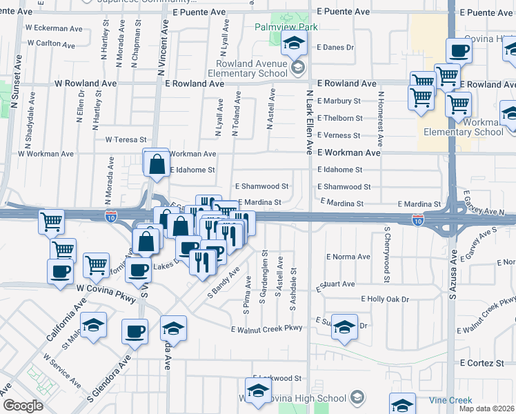 map of restaurants, bars, coffee shops, grocery stores, and more near 1302 East Mardina Street in West Covina