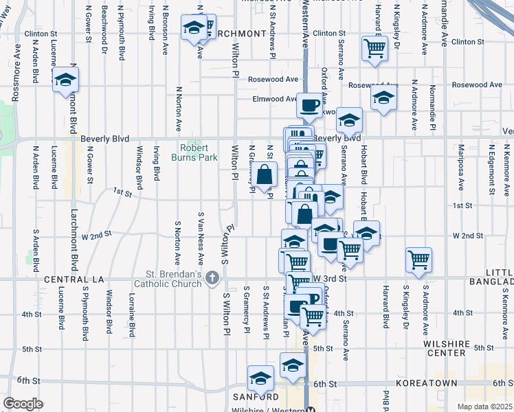 map of restaurants, bars, coffee shops, grocery stores, and more near 108 South Gramercy Place in Los Angeles