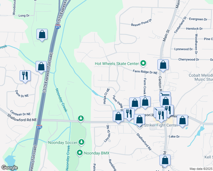 map of restaurants, bars, coffee shops, grocery stores, and more near 736 Jamie Way Northeast in Woodstock