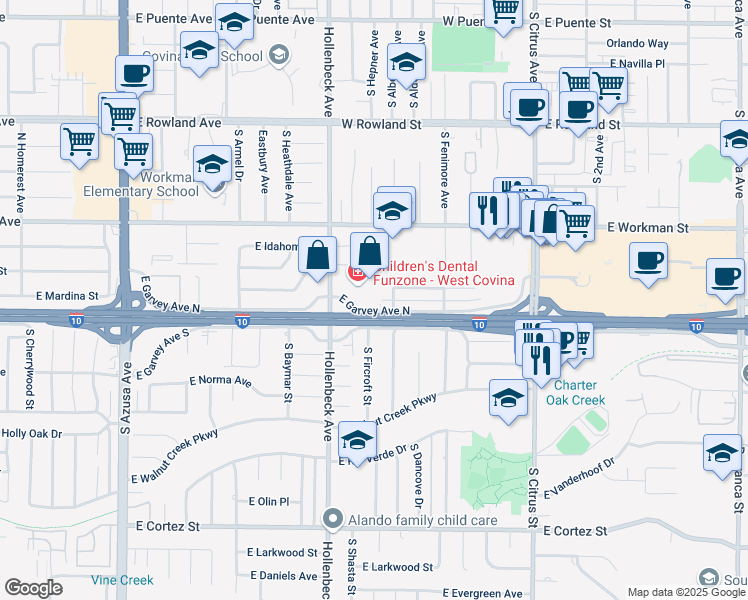map of restaurants, bars, coffee shops, grocery stores, and more near 2249 East Garvey Avenue North in West Covina