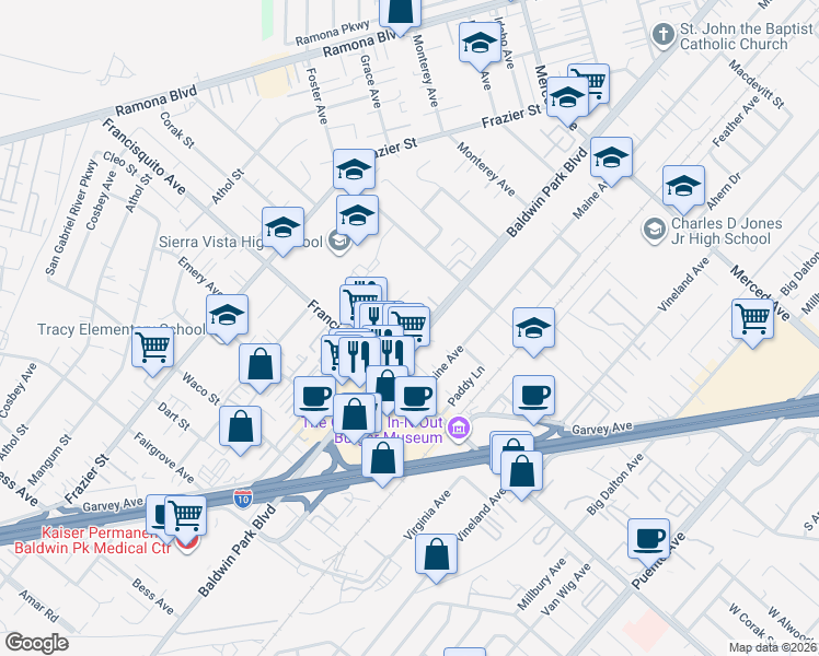 map of restaurants, bars, coffee shops, grocery stores, and more near 3251 North Baldwin Park Boulevard in Baldwin Park