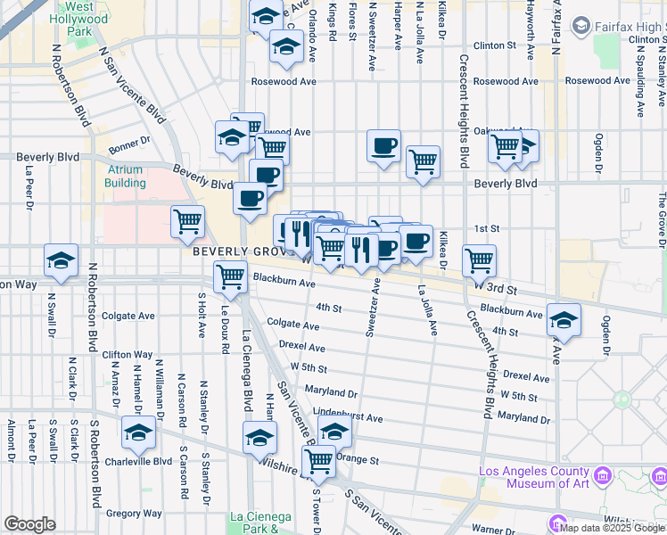 map of restaurants, bars, coffee shops, grocery stores, and more near in Los Angeles