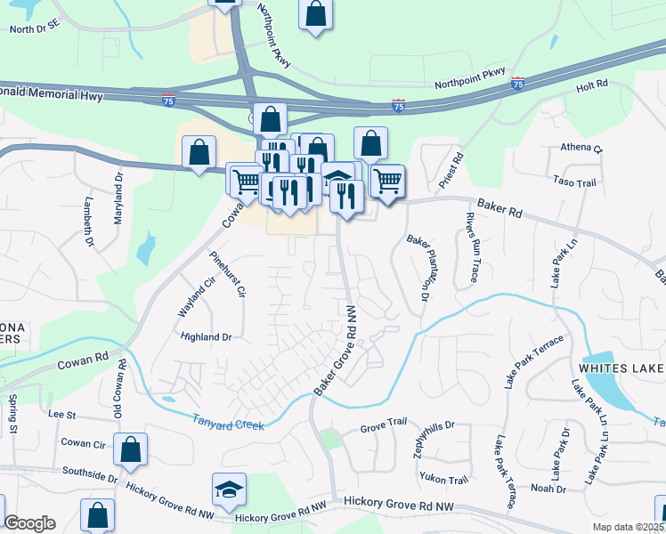 map of restaurants, bars, coffee shops, grocery stores, and more near 200 Westridge Drive in Acworth