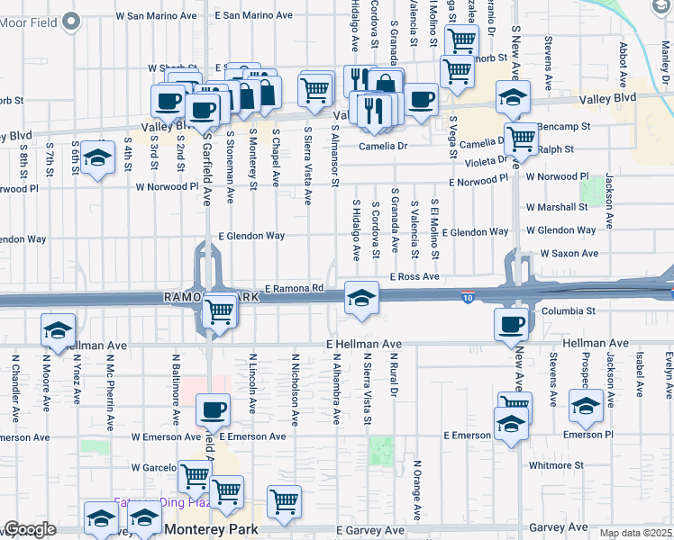 map of restaurants, bars, coffee shops, grocery stores, and more near 1840 South Sierra Vista Avenue in Alhambra
