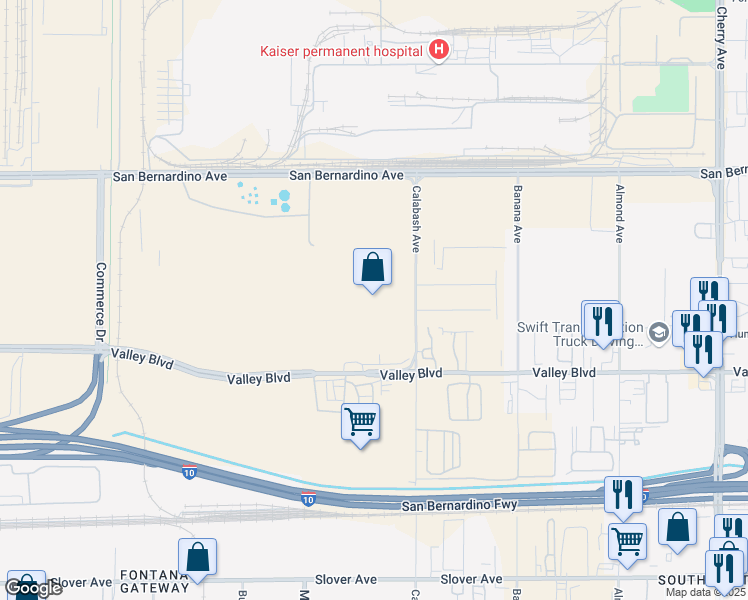 map of restaurants, bars, coffee shops, grocery stores, and more near 9950 Calabash Avenue in Fontana