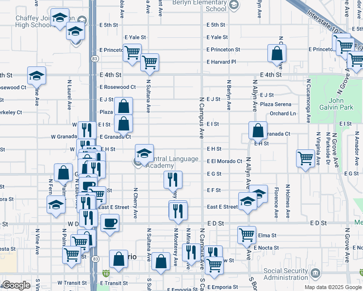 map of restaurants, bars, coffee shops, grocery stores, and more near in Ontario