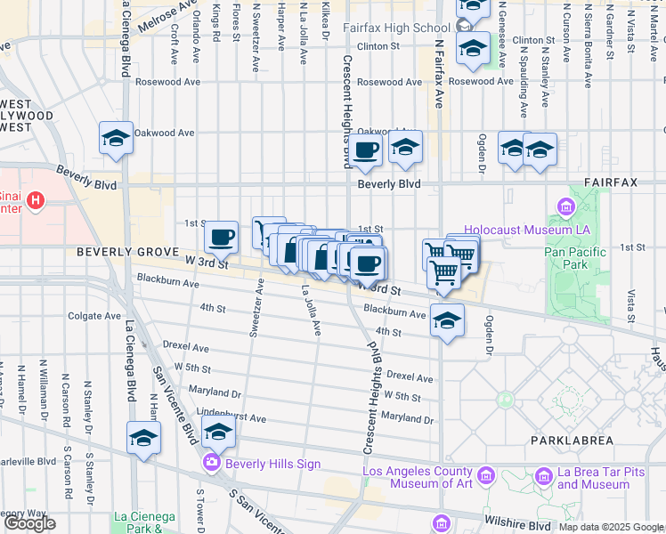 map of restaurants, bars, coffee shops, grocery stores, and more near 152 South Kilkea Drive in Los Angeles