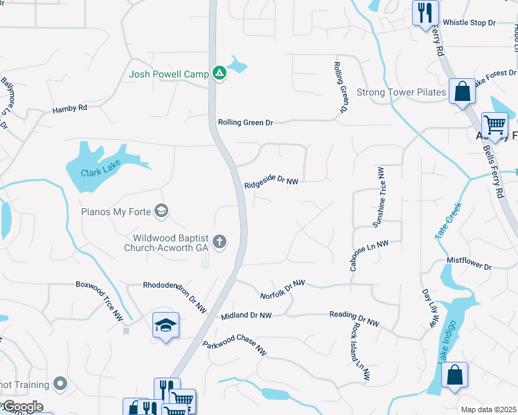 map of restaurants, bars, coffee shops, grocery stores, and more near 4934 Woodstream Lane Northwest in Acworth