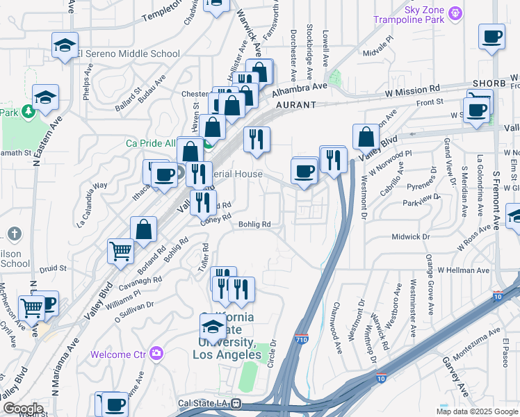 map of restaurants, bars, coffee shops, grocery stores, and more near 2323 Warwick Avenue in Los Angeles