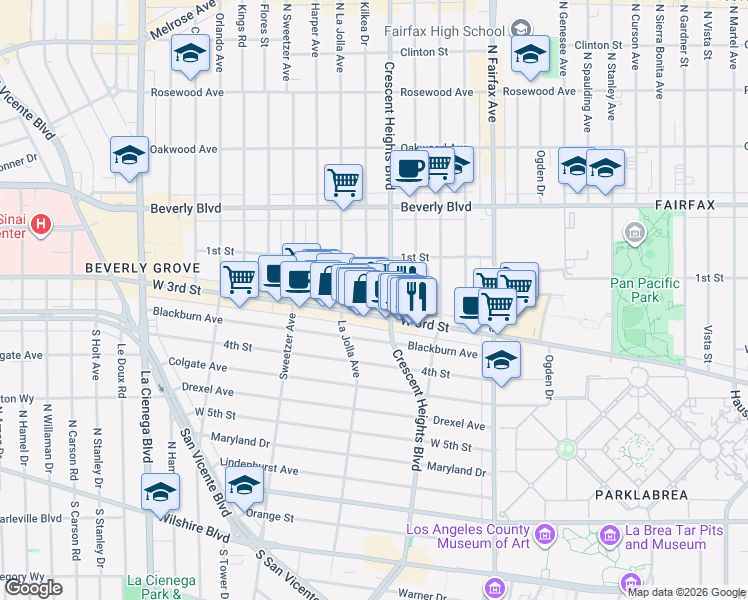 map of restaurants, bars, coffee shops, grocery stores, and more near 152 South Kilkea Drive in Los Angeles