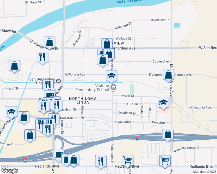 map of restaurants, bars, coffee shops, grocery stores, and more near 1582 Hardt Street in San Bernardino