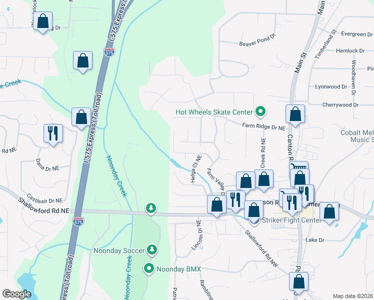 map of restaurants, bars, coffee shops, grocery stores, and more near 730 Jamie Way Northeast in Woodstock