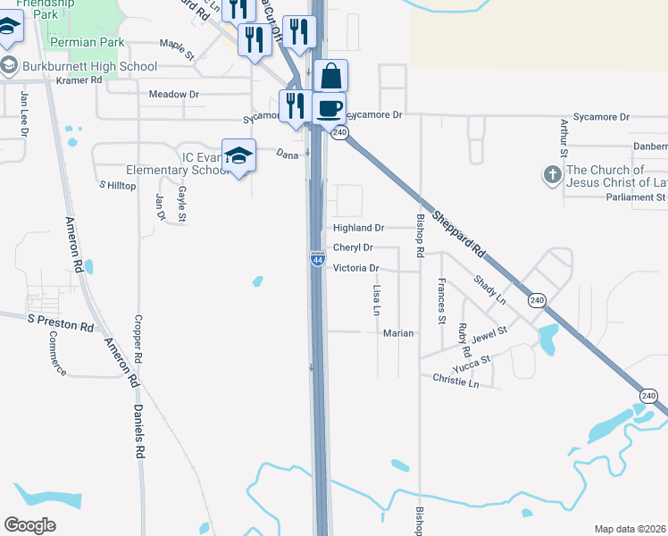 map of restaurants, bars, coffee shops, grocery stores, and more near 974 Victoria Drive in Burkburnett