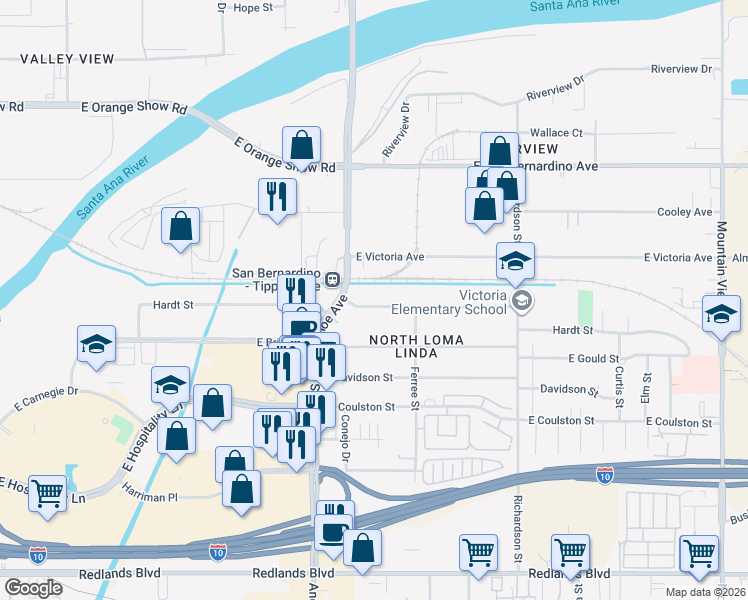 map of restaurants, bars, coffee shops, grocery stores, and more near 1244 Hardt Street in San Bernardino