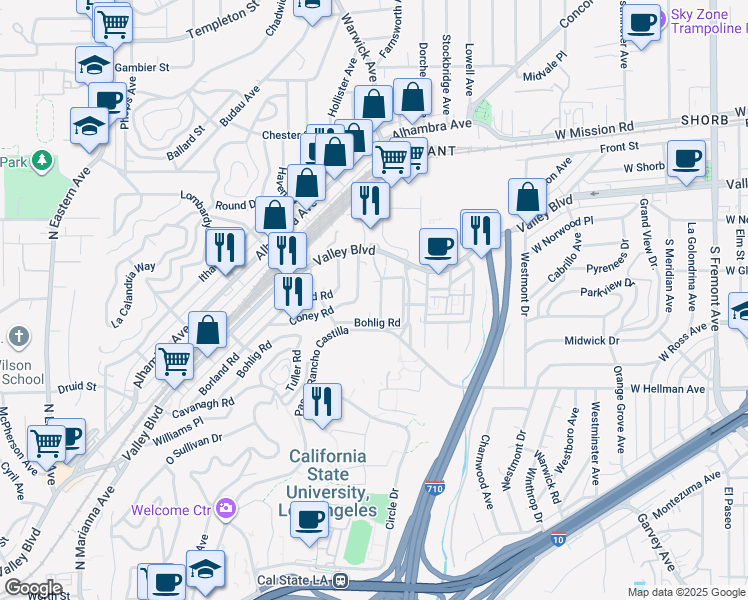 map of restaurants, bars, coffee shops, grocery stores, and more near 2323 Warwick Avenue in Los Angeles