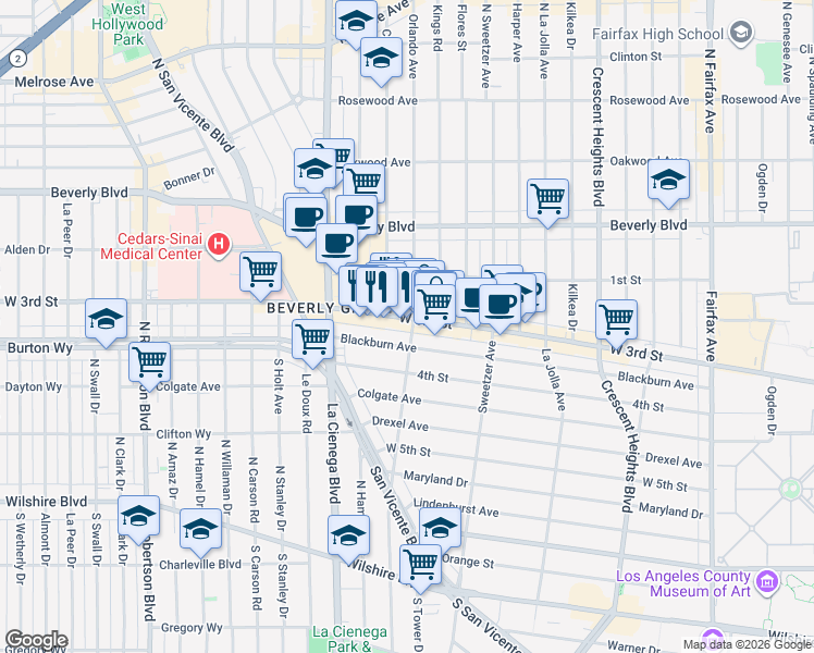 map of restaurants, bars, coffee shops, grocery stores, and more near 8423 Blackburn Avenue in Los Angeles