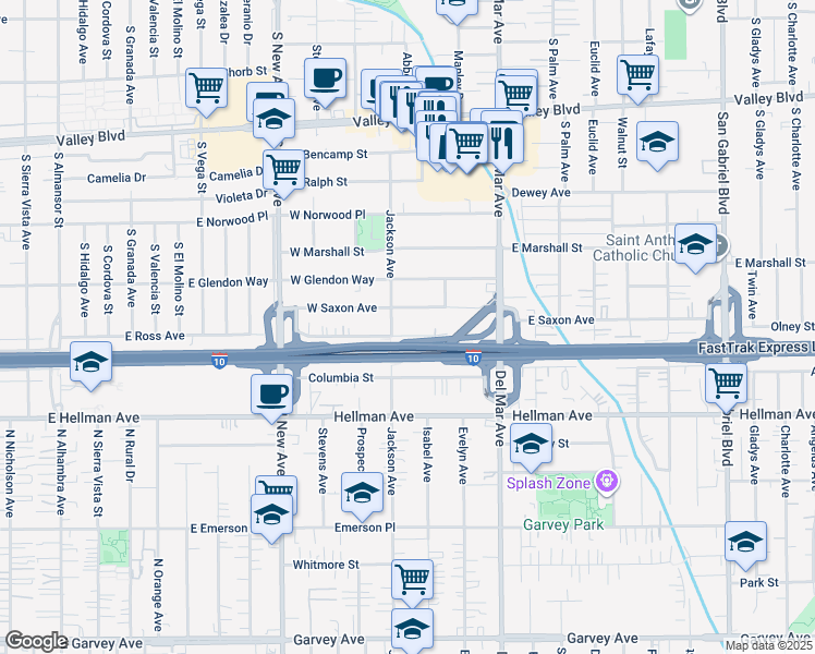 map of restaurants, bars, coffee shops, grocery stores, and more near 219 West Ramona Boulevard in San Gabriel