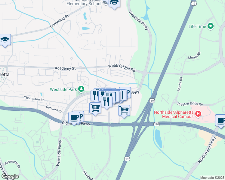 map of restaurants, bars, coffee shops, grocery stores, and more near 9061 Woodland Trail in Alpharetta