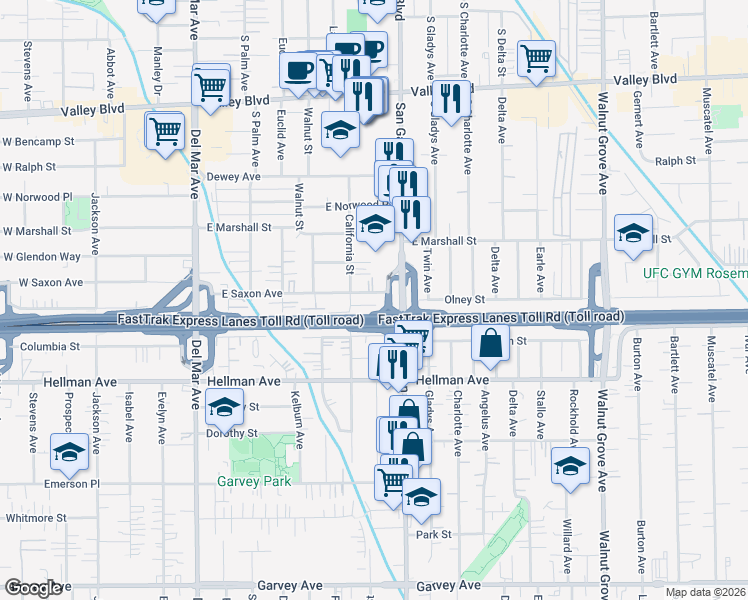 map of restaurants, bars, coffee shops, grocery stores, and more near 620 East Saxon Avenue in San Gabriel