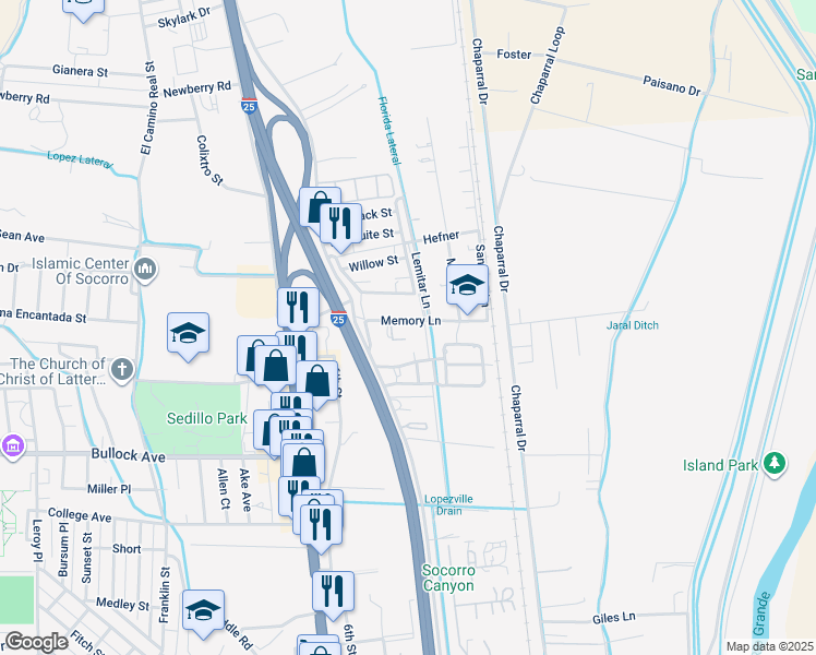 map of restaurants, bars, coffee shops, grocery stores, and more near 410 Memory Lane in Socorro