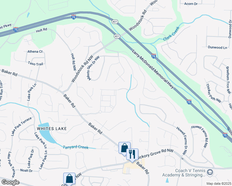 map of restaurants, bars, coffee shops, grocery stores, and more near 2486 Bayberry Street in Acworth