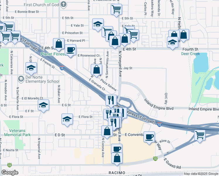 map of restaurants, bars, coffee shops, grocery stores, and more near 1885 Plaza Serena in Ontario