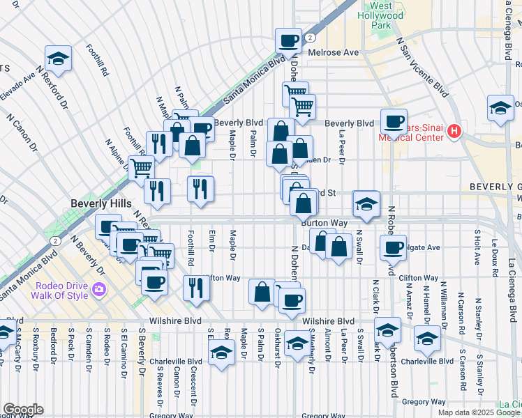map of restaurants, bars, coffee shops, grocery stores, and more near 320 North Palm Drive in Beverly Hills
