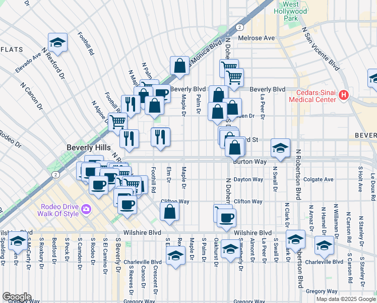 map of restaurants, bars, coffee shops, grocery stores, and more near 318 North Maple Drive in Beverly Hills