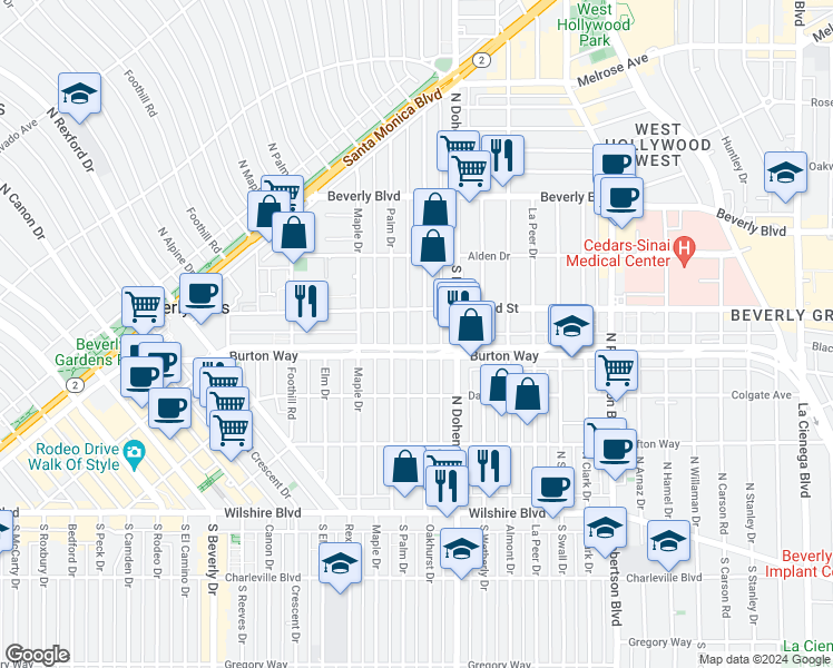 map of restaurants, bars, coffee shops, grocery stores, and more near 315 North Oakhurst Drive in Beverly Hills
