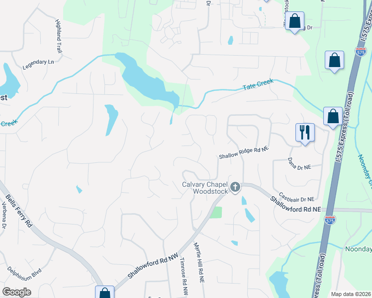 map of restaurants, bars, coffee shops, grocery stores, and more near 4905 Shallow Creek Trail Northeast in Kennesaw