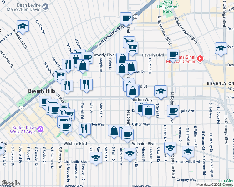 map of restaurants, bars, coffee shops, grocery stores, and more near 321 North Oakhurst Drive in Beverly Hills