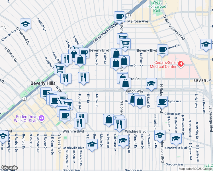 map of restaurants, bars, coffee shops, grocery stores, and more near 320 North Palm Drive in Beverly Hills