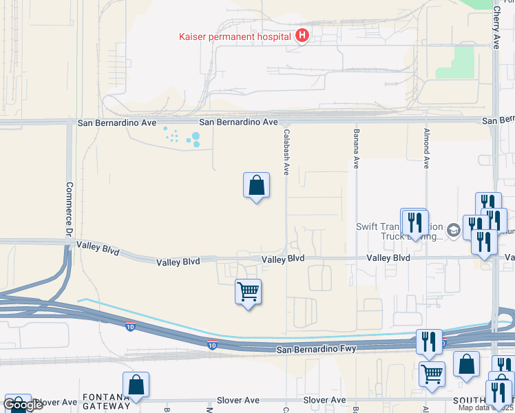 map of restaurants, bars, coffee shops, grocery stores, and more near 9950 Calabash Avenue in Fontana