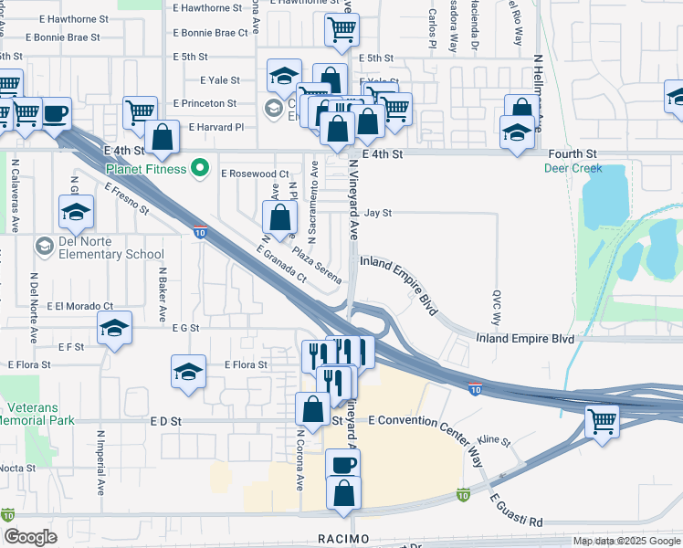 map of restaurants, bars, coffee shops, grocery stores, and more near 1885 Plaza Serena in Ontario
