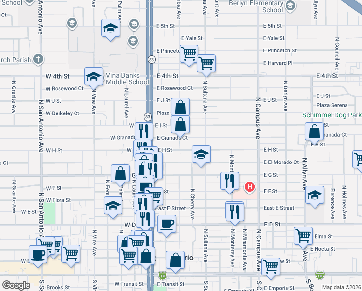 map of restaurants, bars, coffee shops, grocery stores, and more near 309 East H Street in Ontario